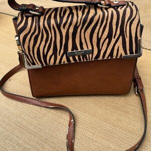 Dune London tiger Brown and Tan Crossbody Bag with Flap-Over Design